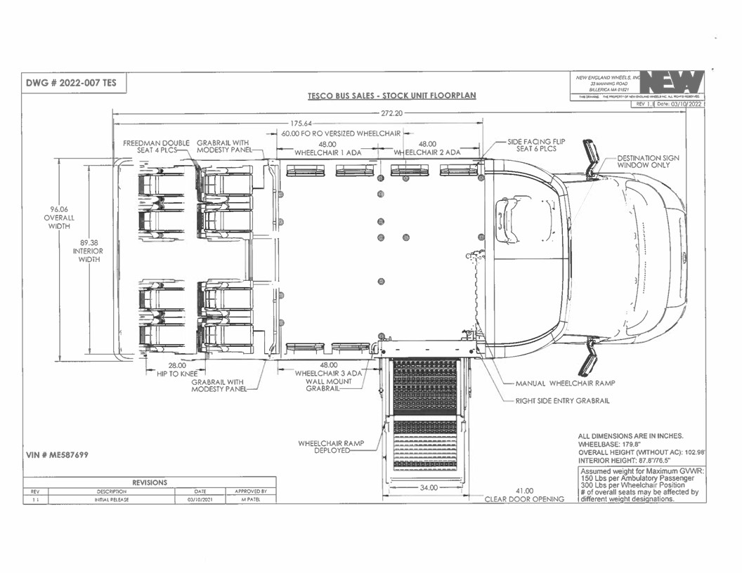 Frontrunner floorplan A: 10 passenger & 2 wheelchair positions with 4 single flip seats