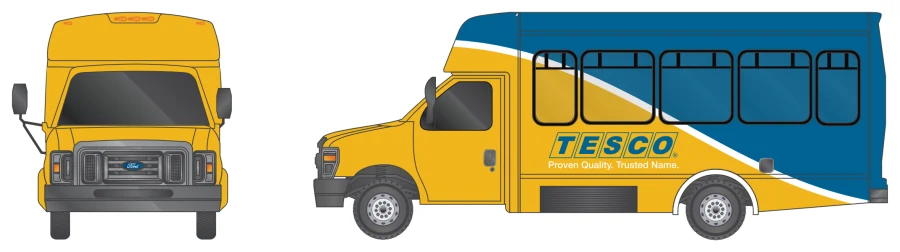 23-foot Full Wrap package: the whole bus wrapped, yellow cab and lower body with a blue upper body and a white sweep