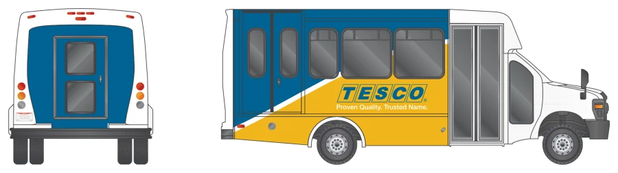 23-foot Partial package: blue and yellow printed panels over the rear half of the body and the rear door, cab left white