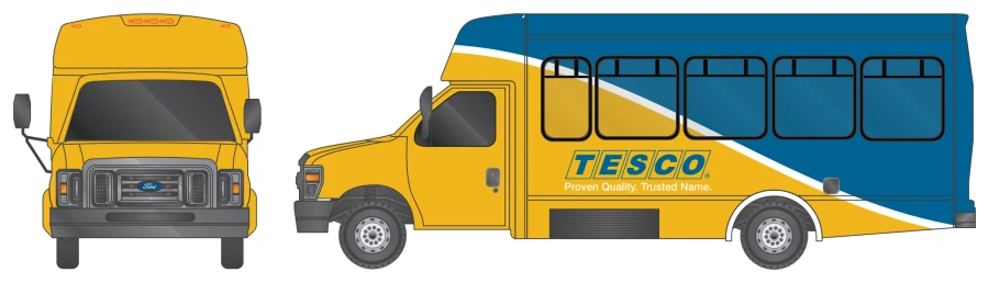 25-foot Full Wrap package: the whole bus wrapped, yellow cab and lower body with a blue upper body and a white sweep