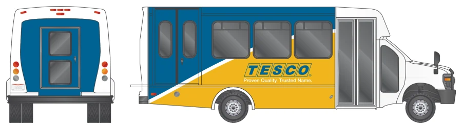 25-foot Partial package: blue and yellow printed panels over the rear half of the body and the rear door, cab left white