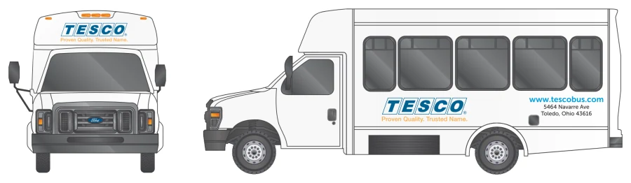 Bus Spot package on a white cutaway bus: TESCO logo and tag line on the front cap, and the logo, tag line, website and address on the side