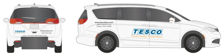 Van Base package on a white minivan: TESCO logo and tag line on the sliding door, website and address on the rear quarter, and on the liftgate the logo, website, address and a frequent-stops caution