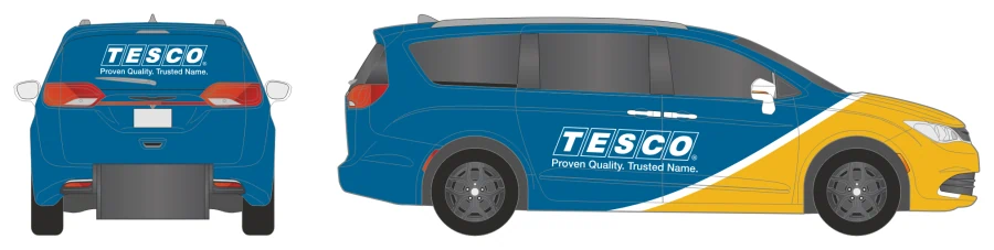 Van Full package on a minivan: the whole van wrapped in blue with a yellow sweep over the front, TESCO logo on the side and rear glass