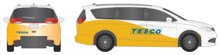 Van Partial package on a minivan: a yellow printed sweep across the lower body and rear with the TESCO logo, upper body left white